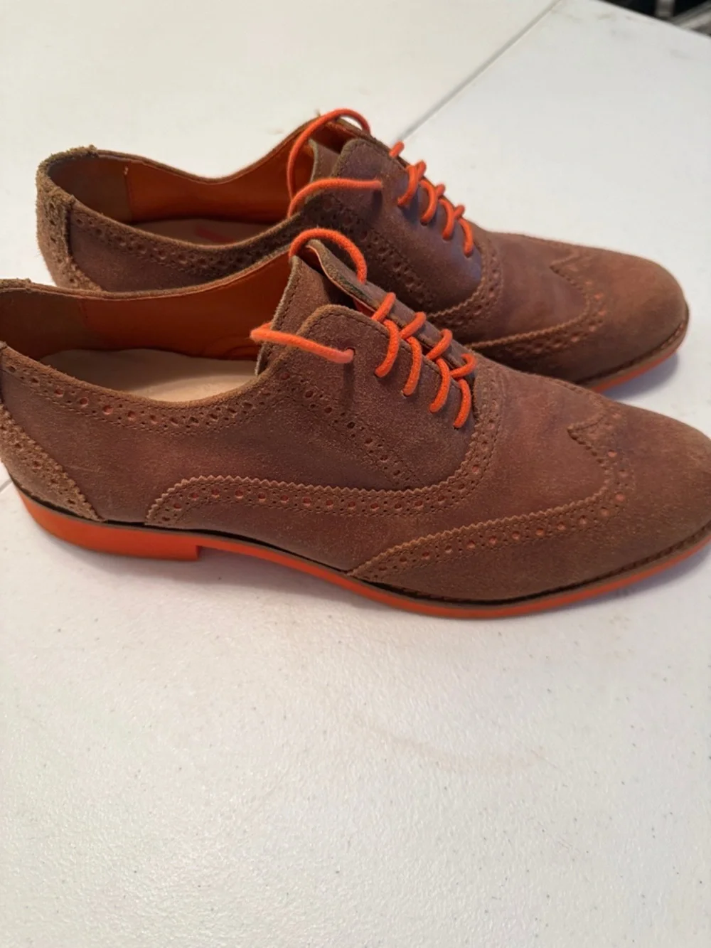 Cole Haan Brown Suede Wingtip Oxfords with Orange Laces